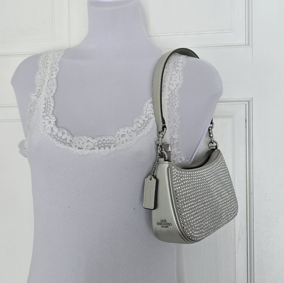 Coach Teri Mini Crystal Silver Metallic Leather Shoulder Crossbody Bag - Picture 3 of 14